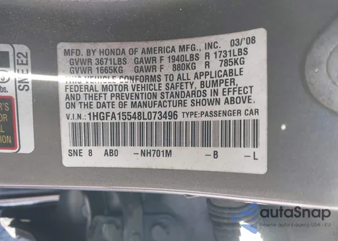 2008 Honda Civic Lx из США, поврежденный, VIN 1HGFA15548L073496